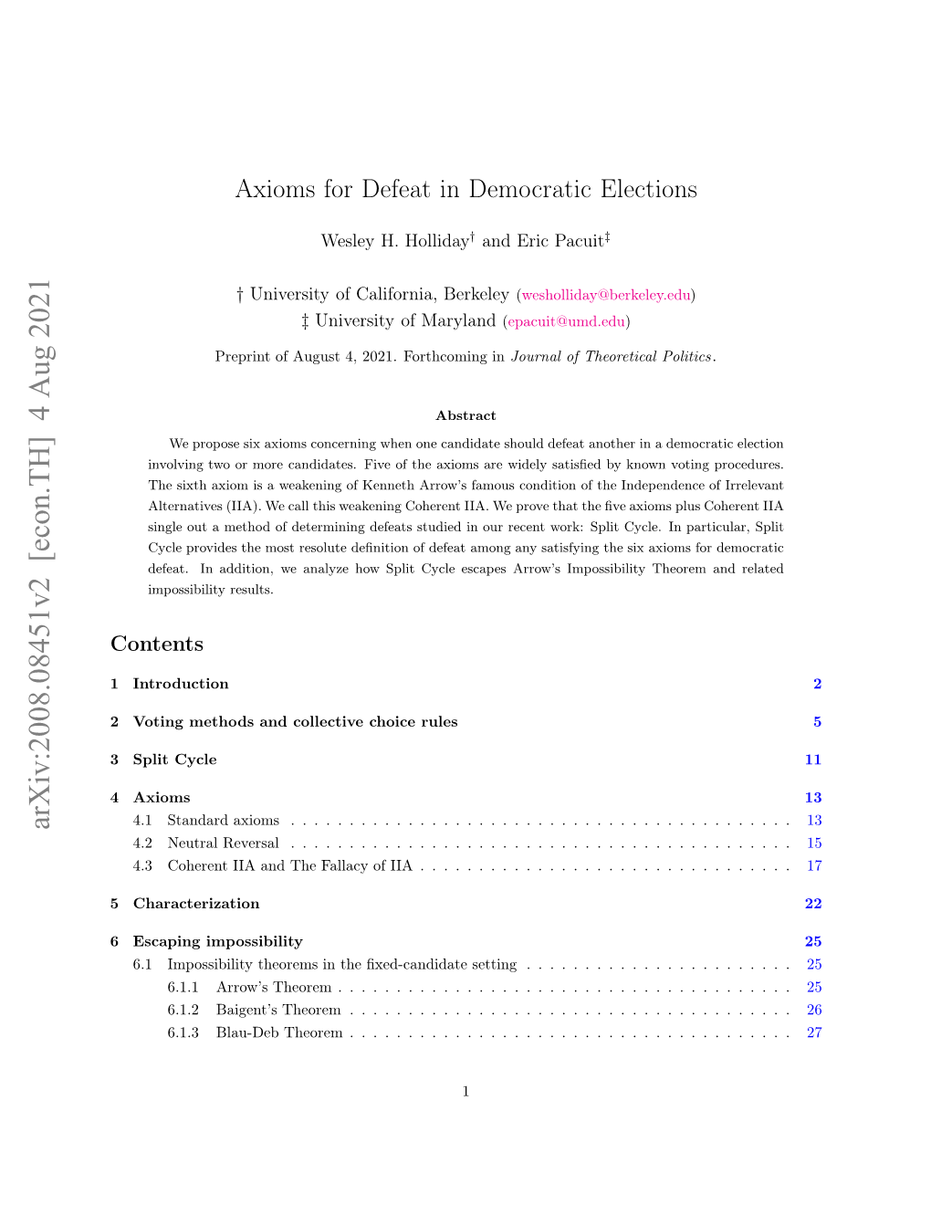 Axioms for Defeat in Democratic Elections