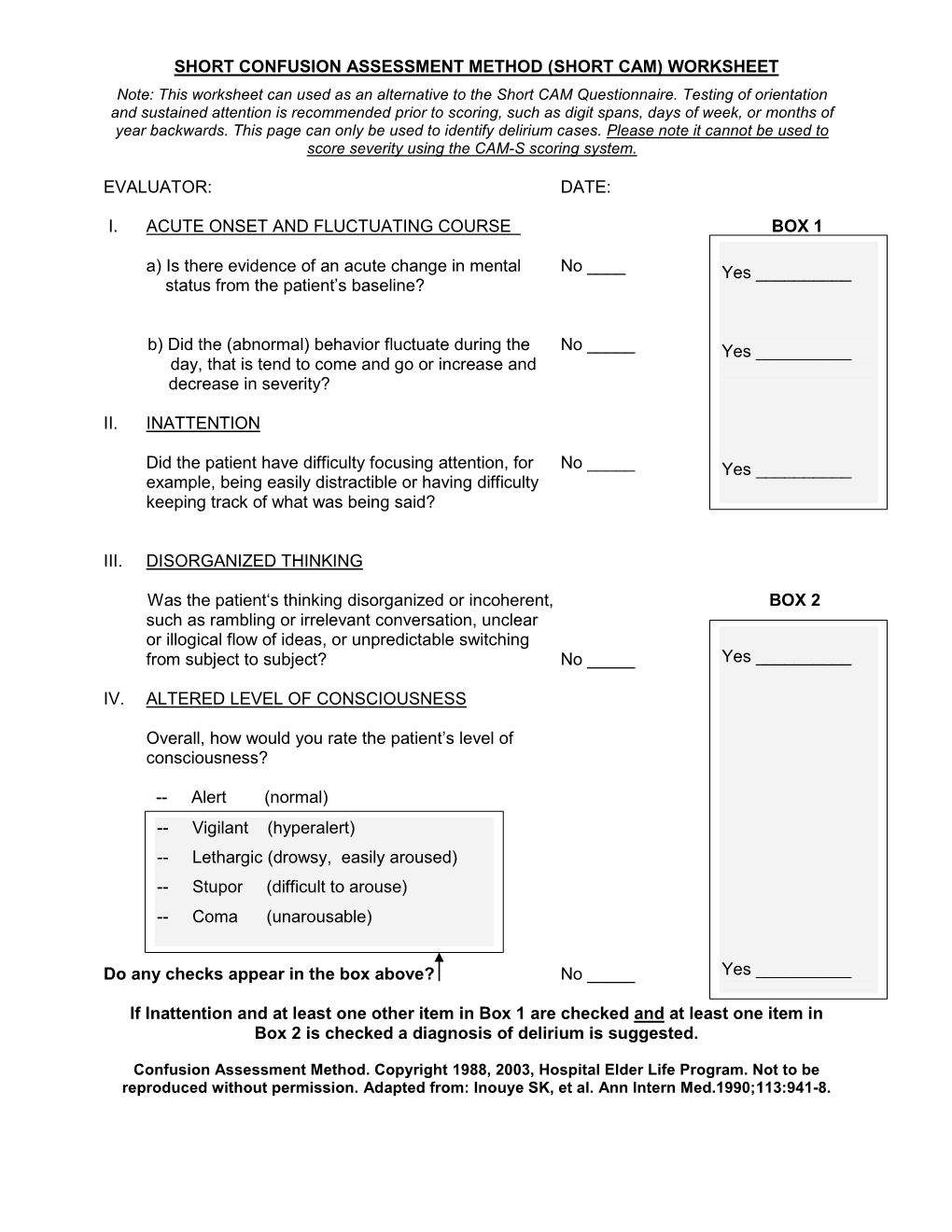 SHORT CONFUSION ASSESSMENT METHOD (SHORT CAM) WORKSHEET Note: This Worksheet Can Used As an Alternative to the Short CAM Questionnaire