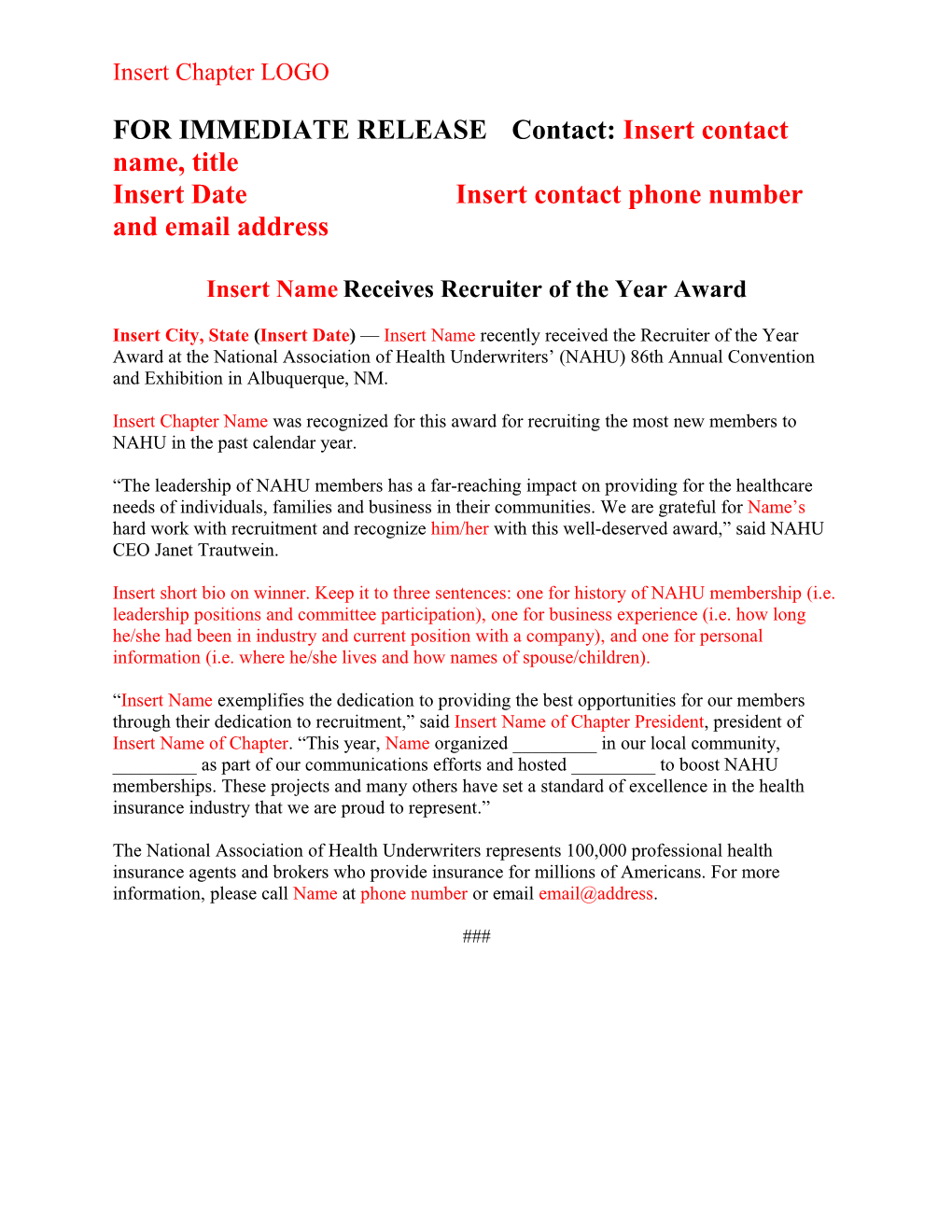 Press Release Template: Receives Recruiter Of The Year Award