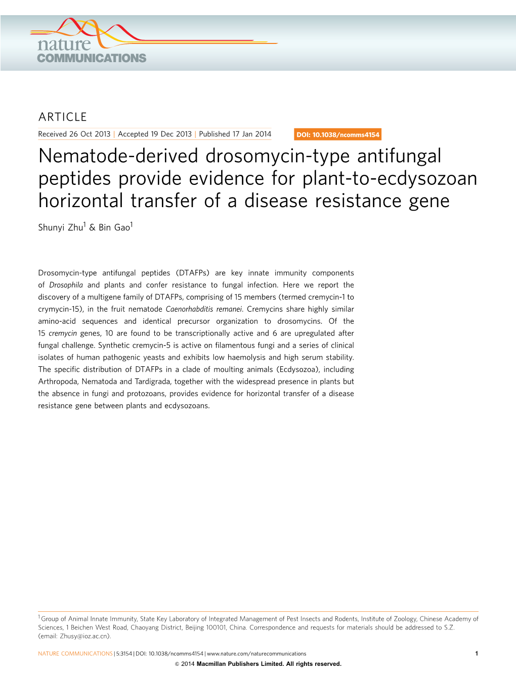 Nematode-Derived Drosomycin-Type Antifungal Peptides Provide Evidence for Plant-To-Ecdysozoan Horizontal Transfer of a Disease Resistance Gene