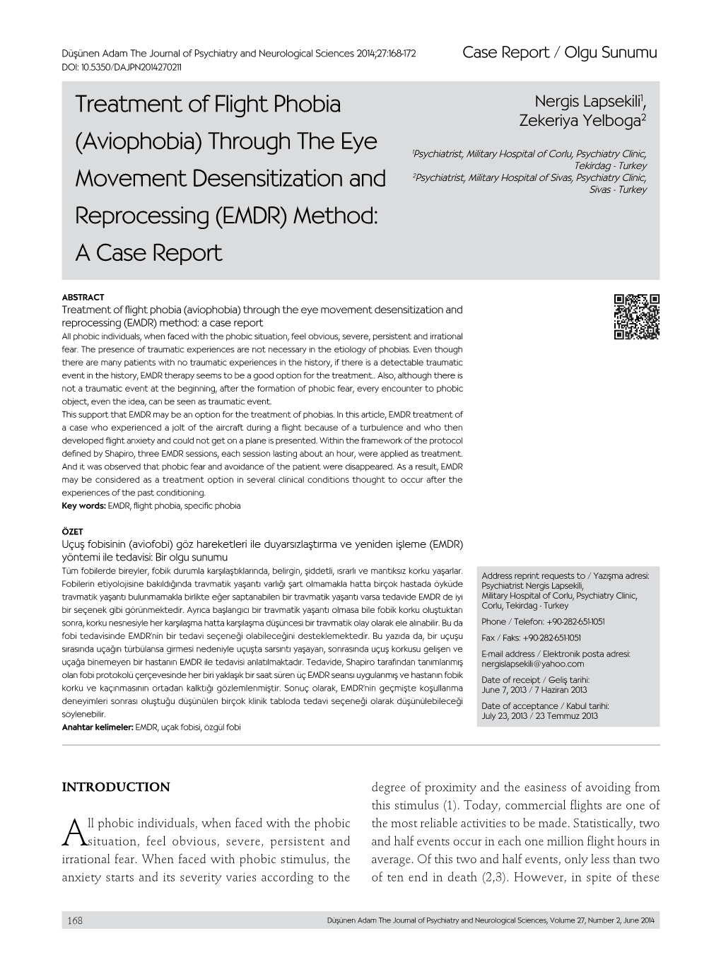 Treatment of Flight Phobia (Aviophobia) Through the Eye