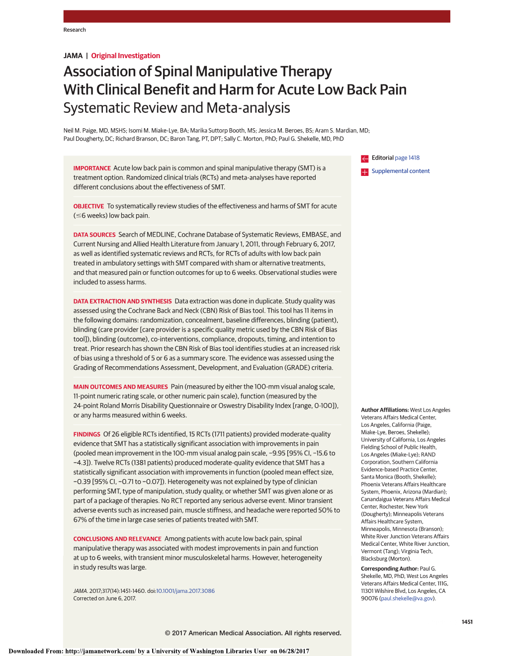 Association of Spinal Manipulative Therapy with Clinical Benefit and Harm for Acute Low Back Pain Systematic Review and Meta-Analysis