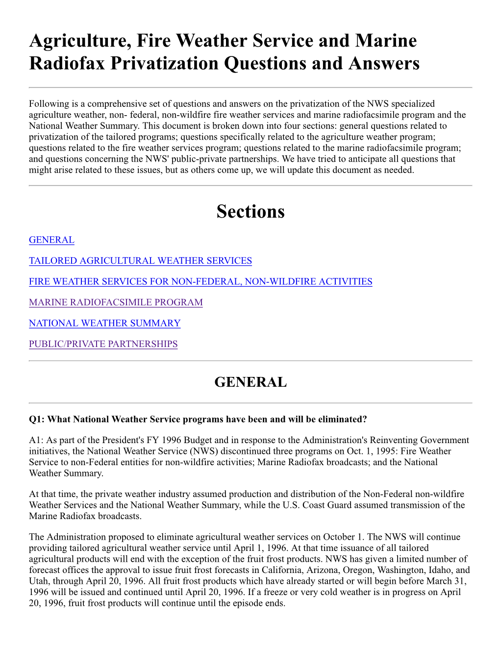 Agriculture, Fire Weather Service and Marine Radiofax Privatization Questions and Answers