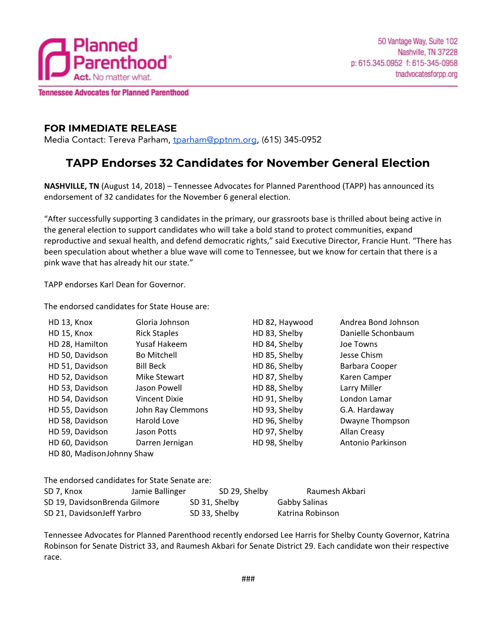 TAPP Endorses 32 Candidates for November General Election