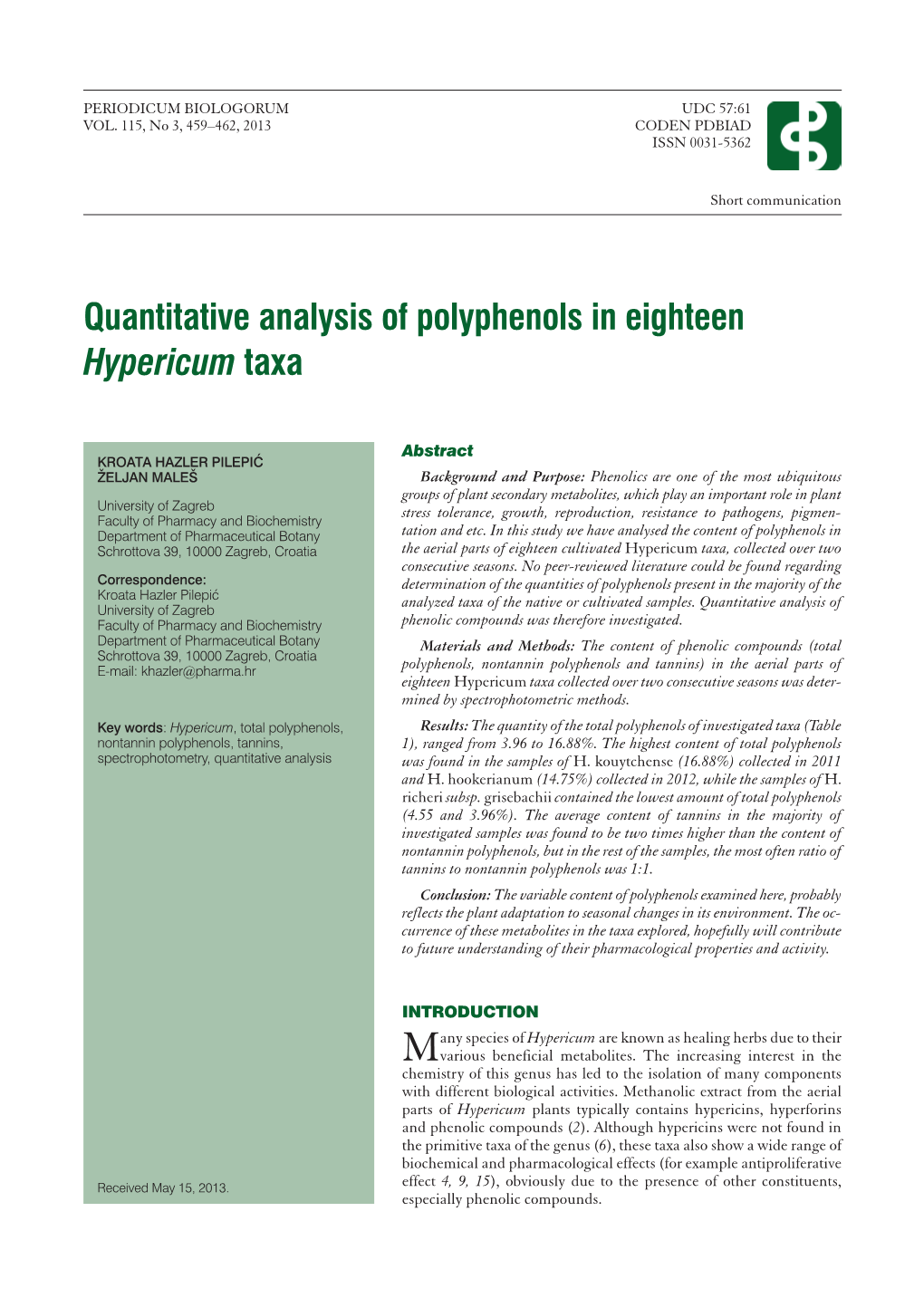 Quantitative Analysis of Polyphenols in Eighteen Hypericum Taxa