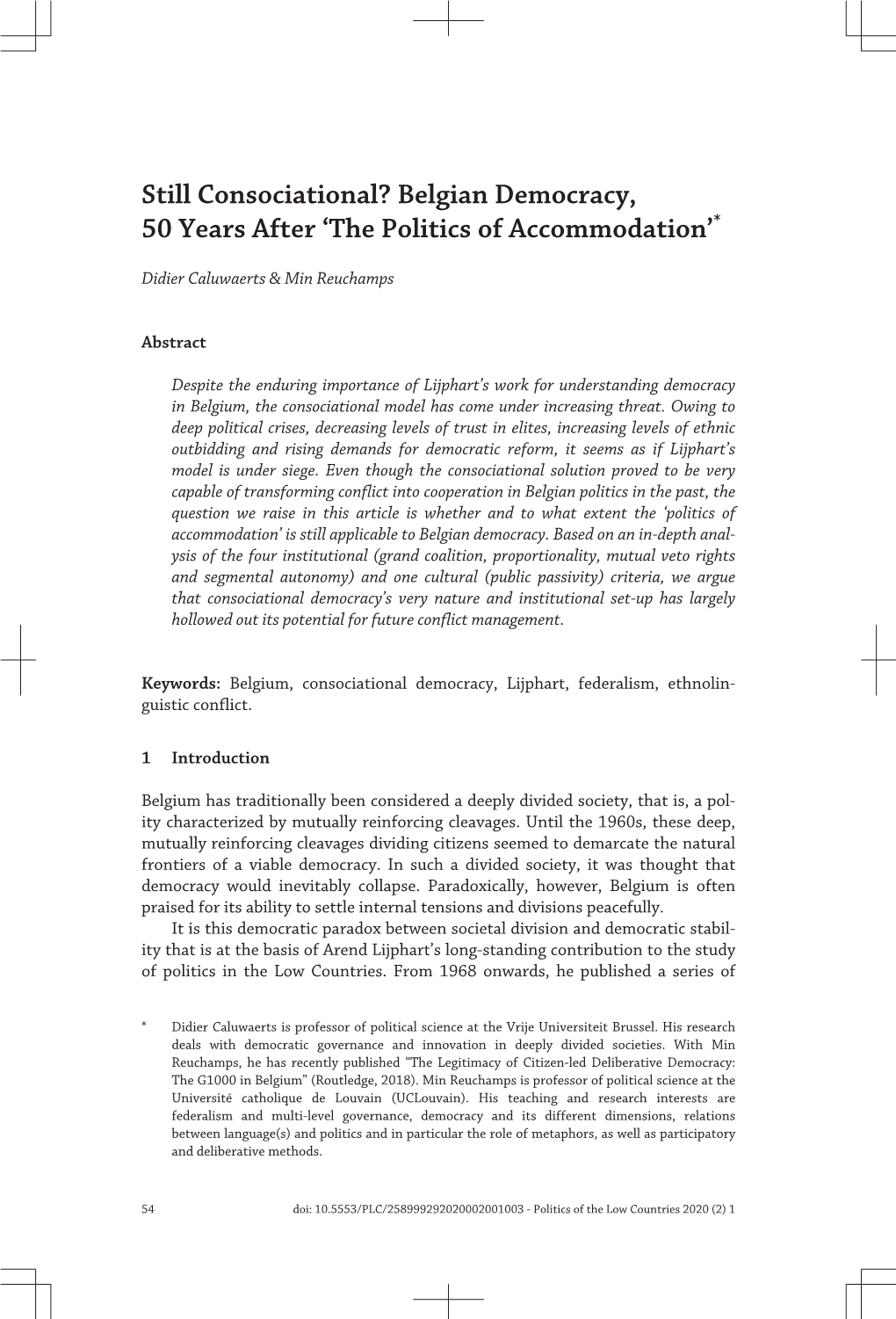 Still Consociational? Belgian Democracy, 50 Years After ‘The Politics of Accommodation’*