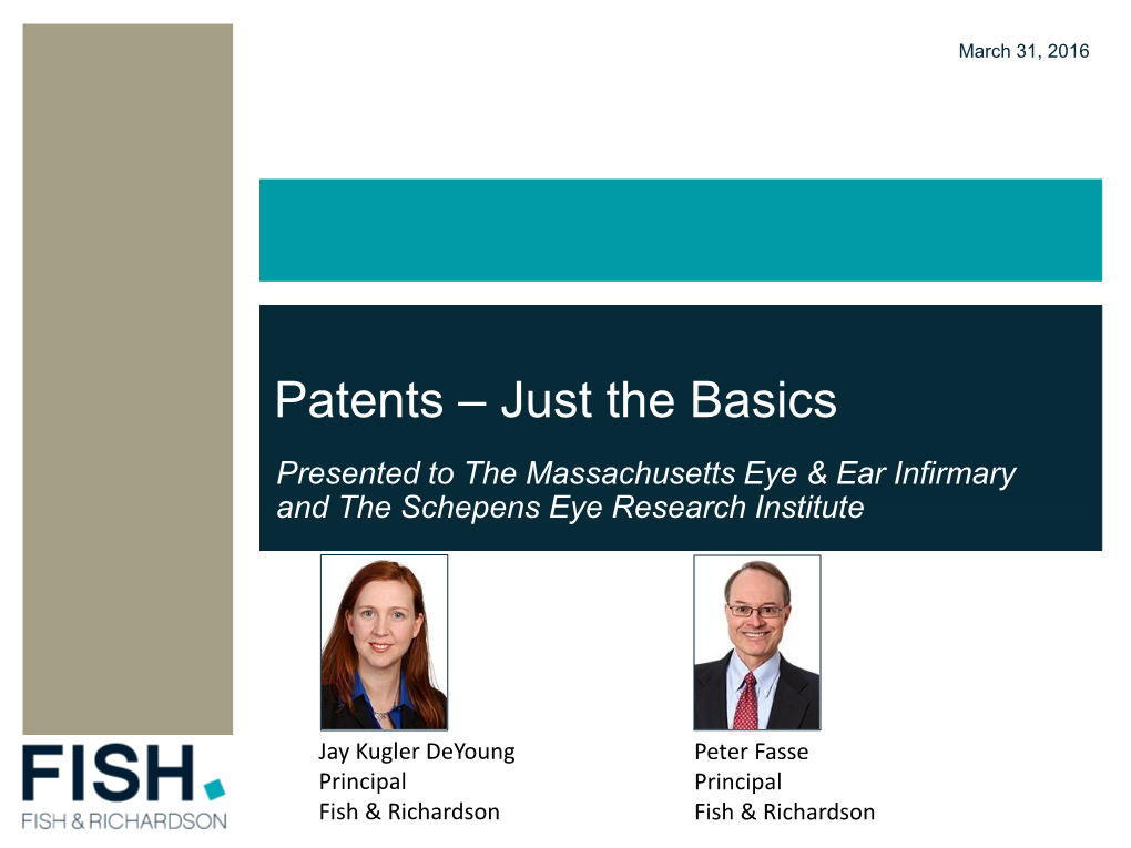 Patents – Just the Basics Presented to the Massachusetts Eye & Ear Infirmary and the Schepens Eye Research Institute