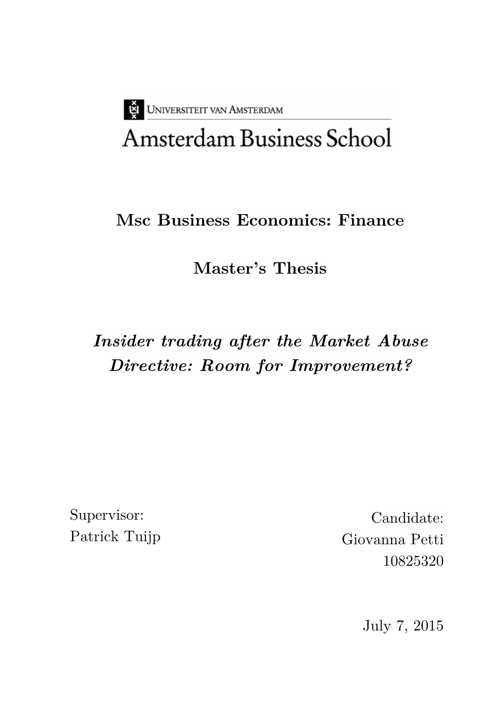 Finance Master's Thesis Insider Trading After the Market Abuse Directive