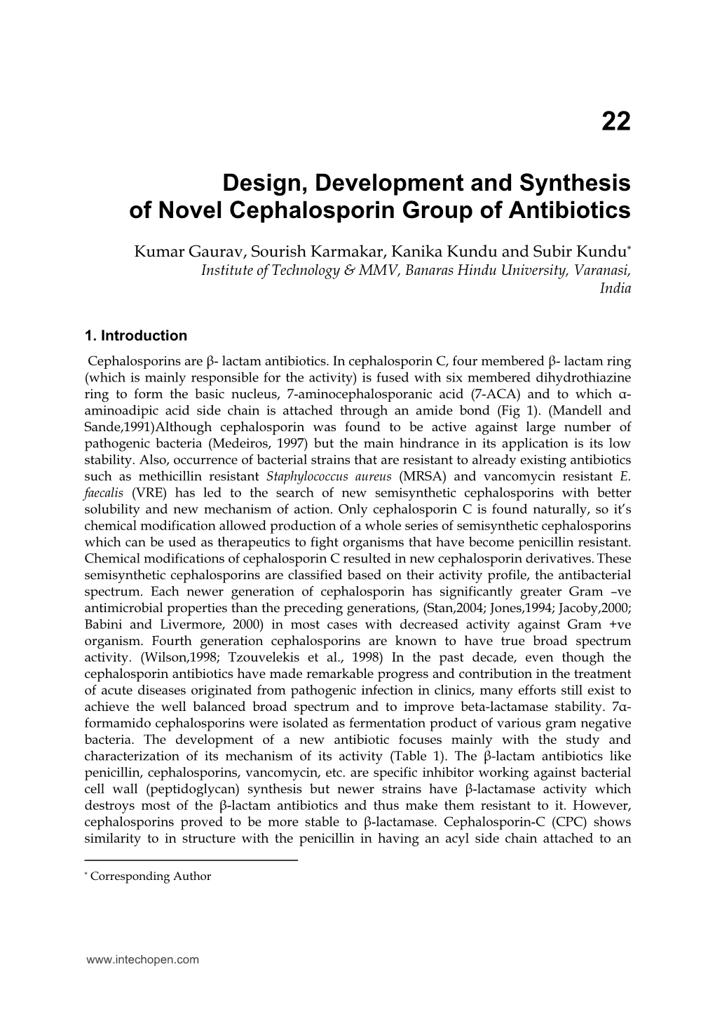 Design, Development and Synthesis of Novel Cephalosporin Group of Antibiotics