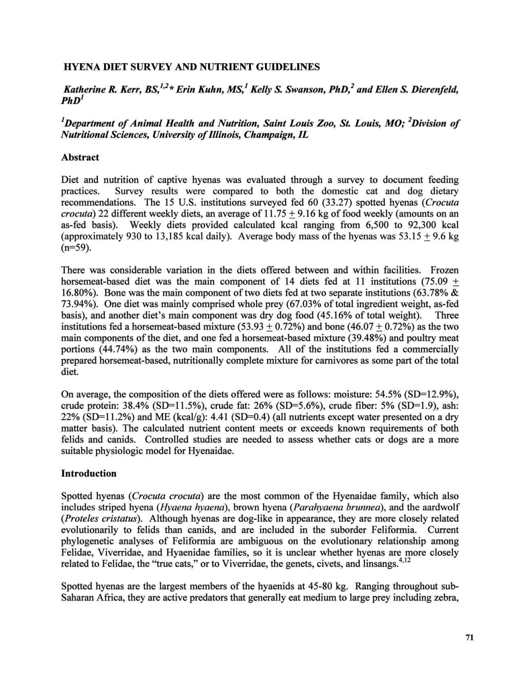 HYENA DIET SURVEY and NUTRIENT GUIDELINES Katherine