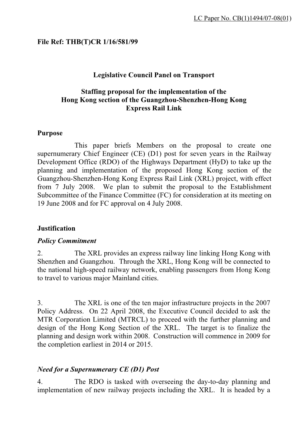 CR 1/16/581/99 Legislative Council Panel on Transport Staffing