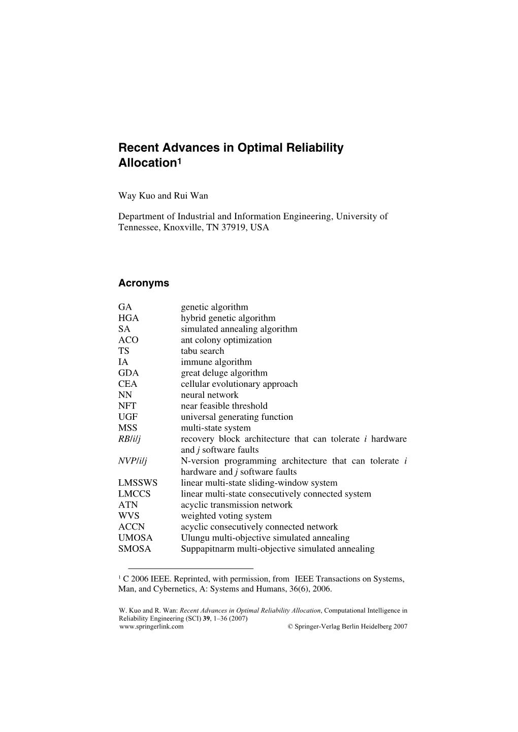 Recent Advances in Optimal Reliability Allocation1