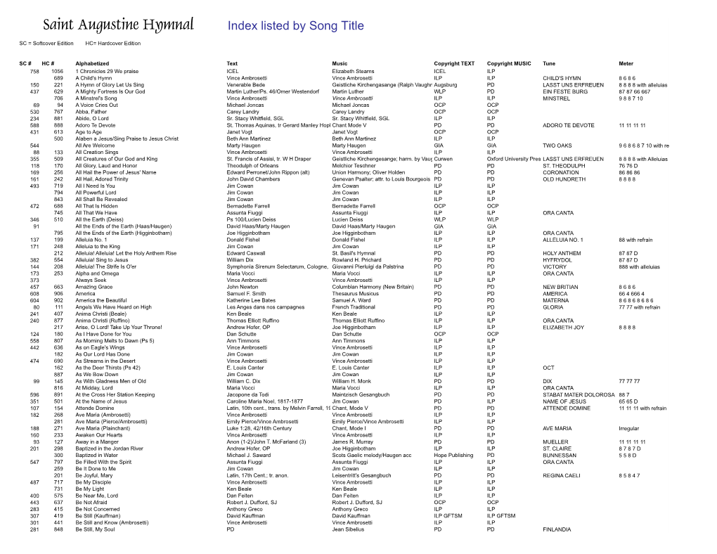 Saint Augustine Hymnal Index Listed by Song Title