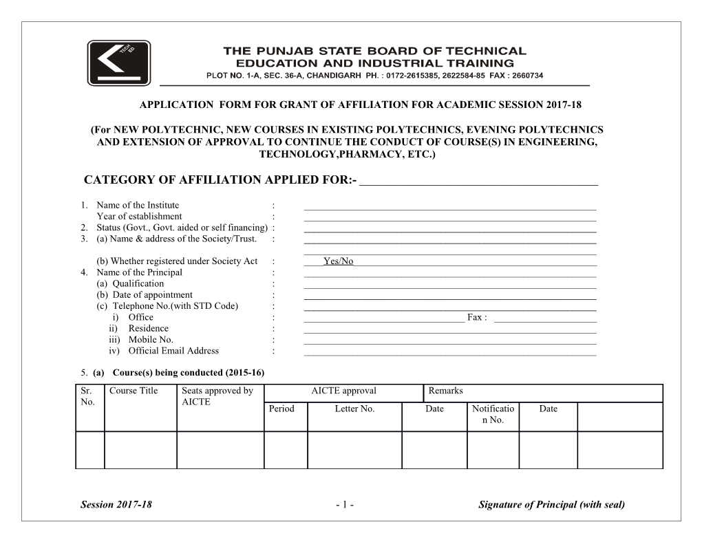 Application Form for Grant of Affiliation for Academic Session 2017-18