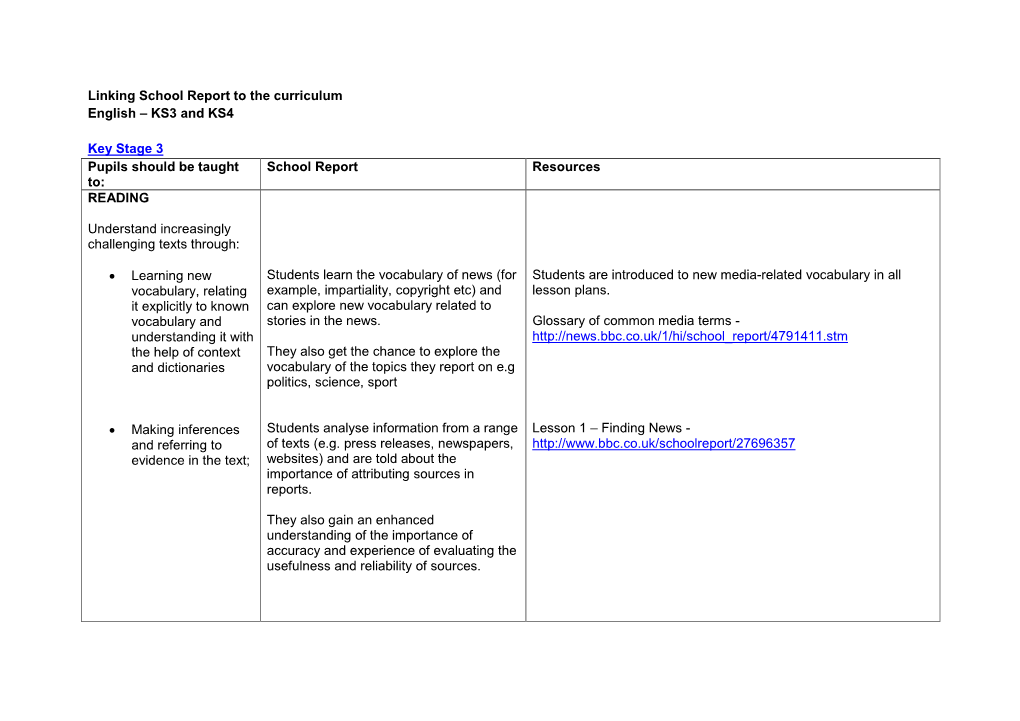 Linking School Report to the Curriculum English – KS3 and KS4 Key Stage 3 Pupils Should Be Taught To