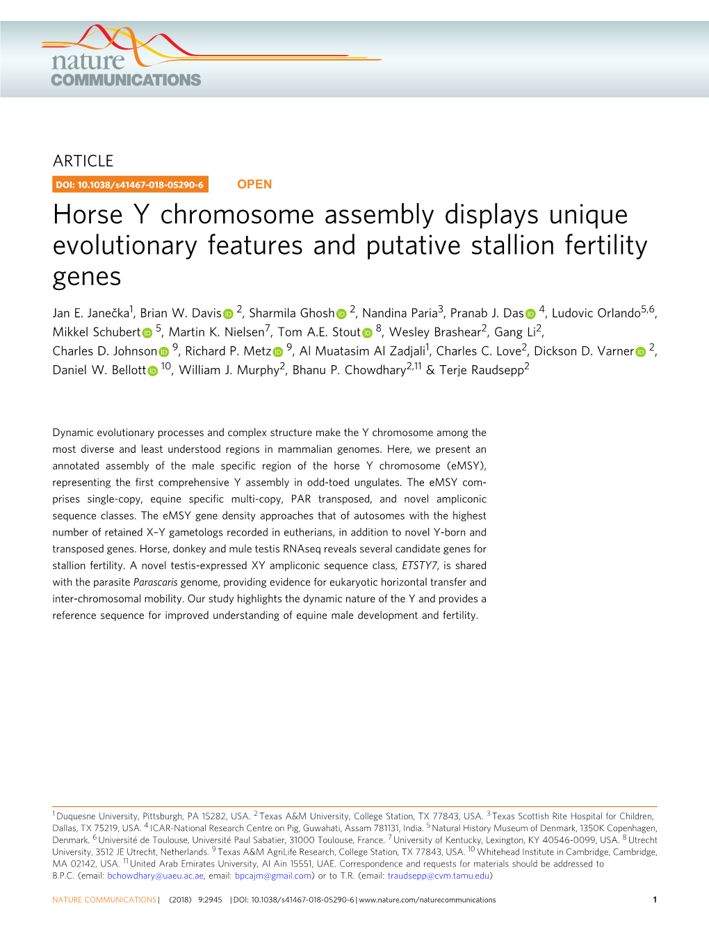 Horse Y Chromosome Assembly Displays Unique Evolutionary Features and Putative Stallion Fertility Genes