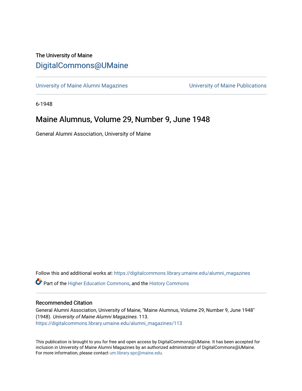 Maine Alumnus, Volume 29, Number 9, June 1948