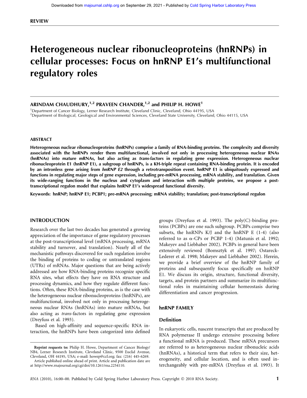 (Hnrnps) in Cellular Processes: Focus on Hnrnp E1's Multifunctional Regulatory Roles