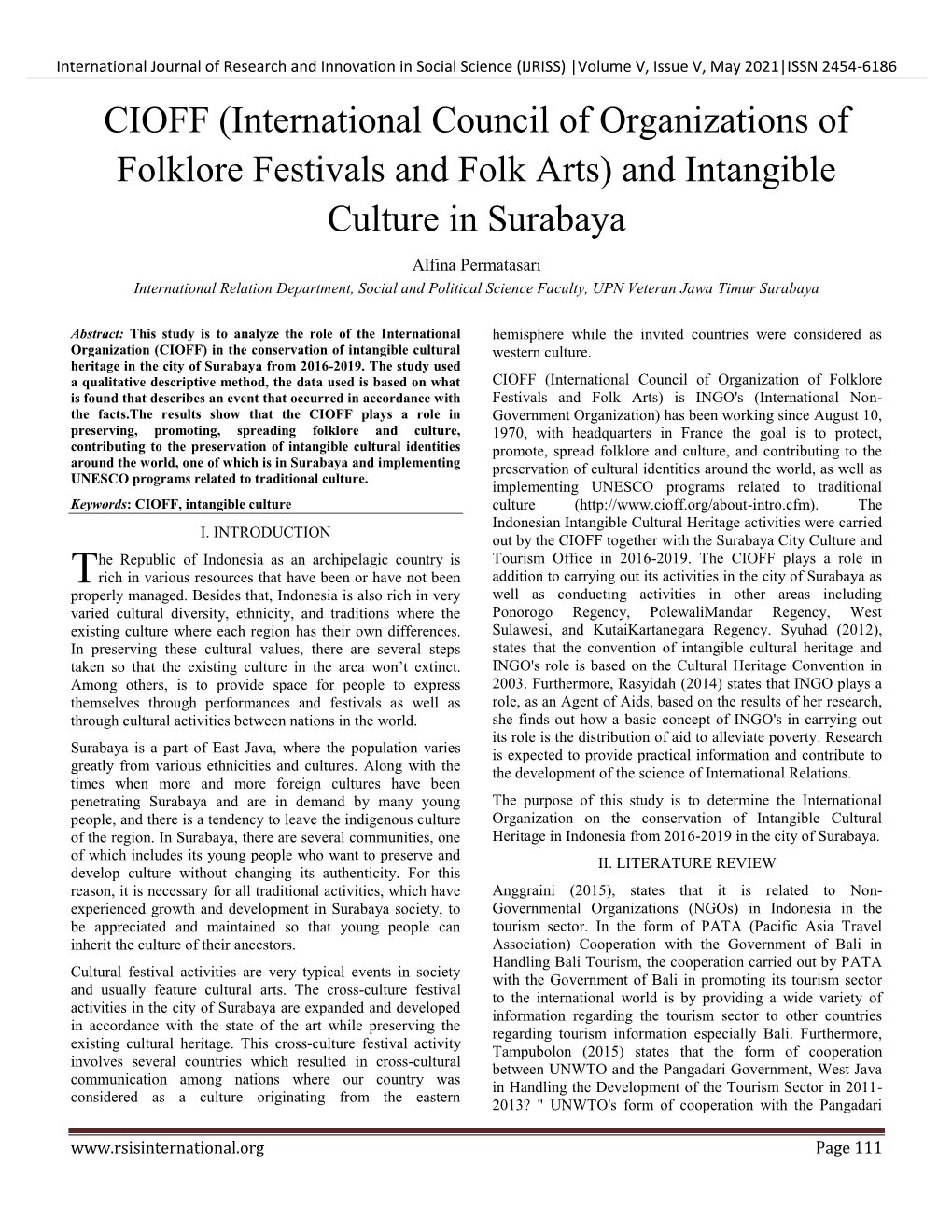 CIOFF (International Council of Organizations of Folklore Festivals and Folk Arts) and Intangible Culture in Surabaya