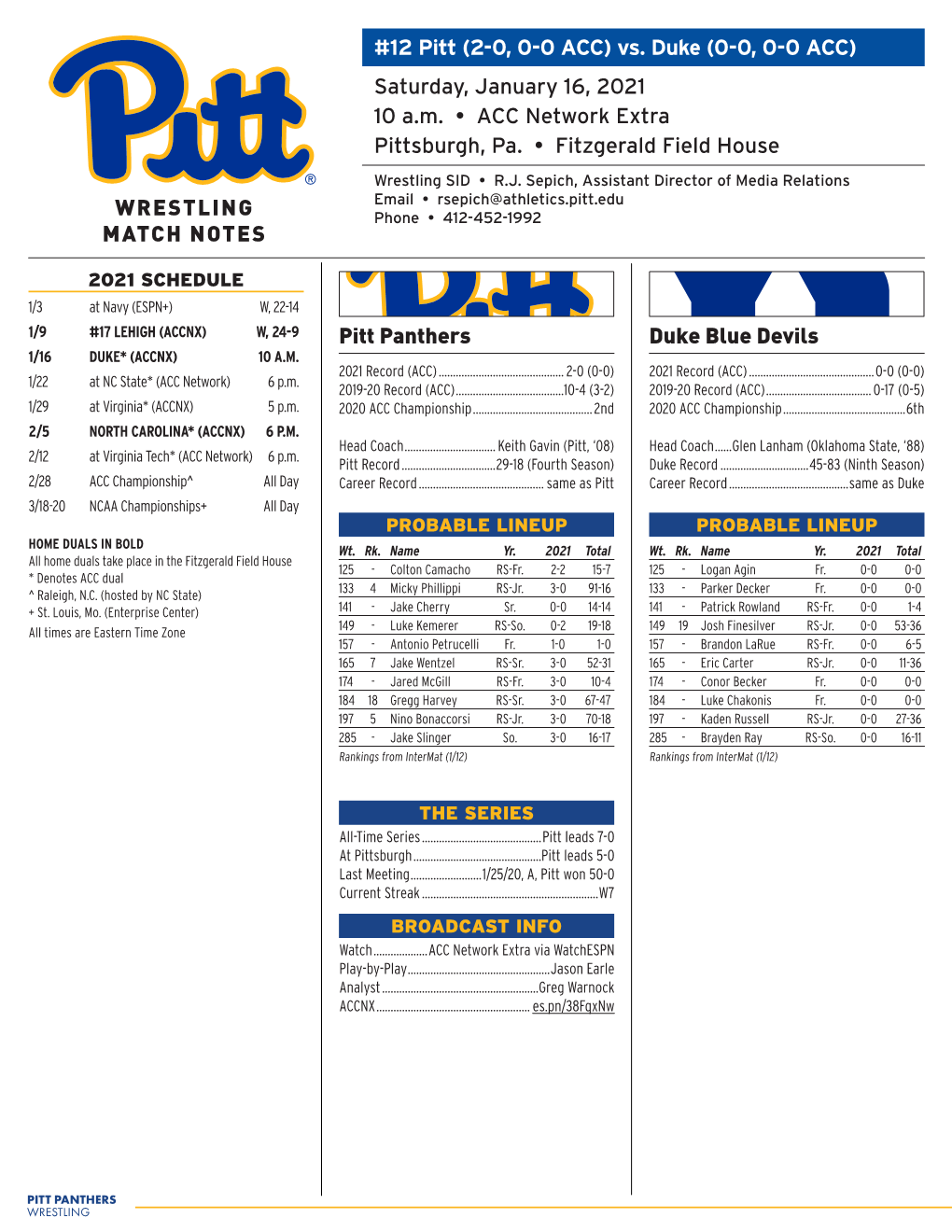 WRESTLING MATCH NOTES #12 Pitt (2-0, 0-0 ACC) Vs. Duke