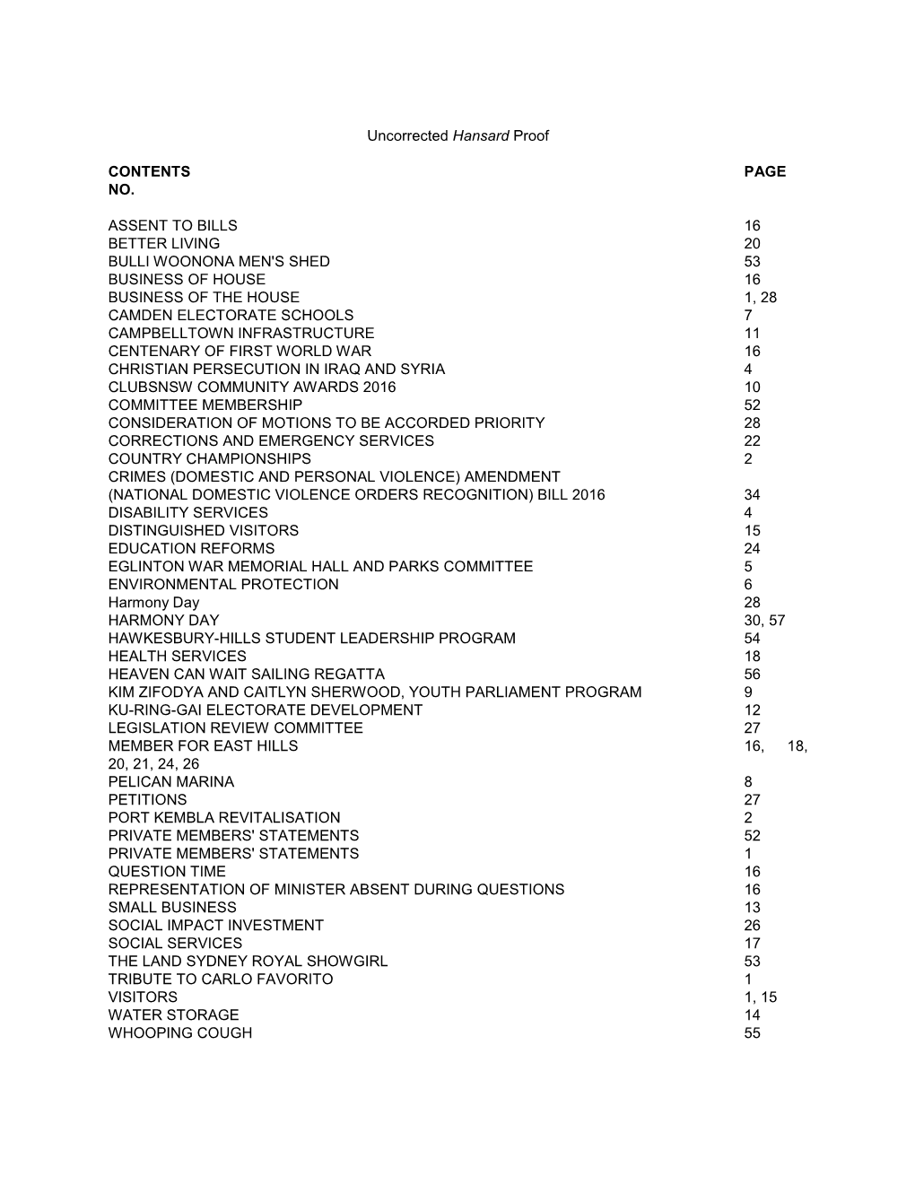 Uncorrected Hansard Proof CONTENTS PAGE NO. ASSENT to BILLS 16 BETTER LIVING 20 BULLI WOONONA MEN's SHED 53 BUSINESS of HOUSE 16