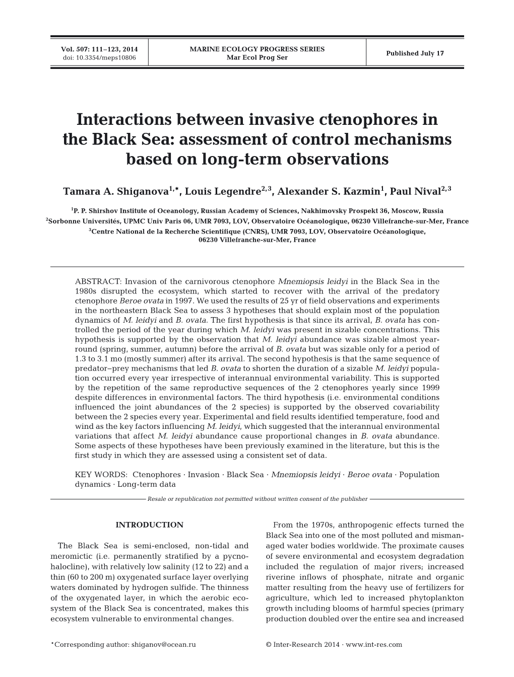 Interactions Between Invasive Ctenophores in the Black Sea: Assessment of Control Mechanisms Based on Long-Term Observations