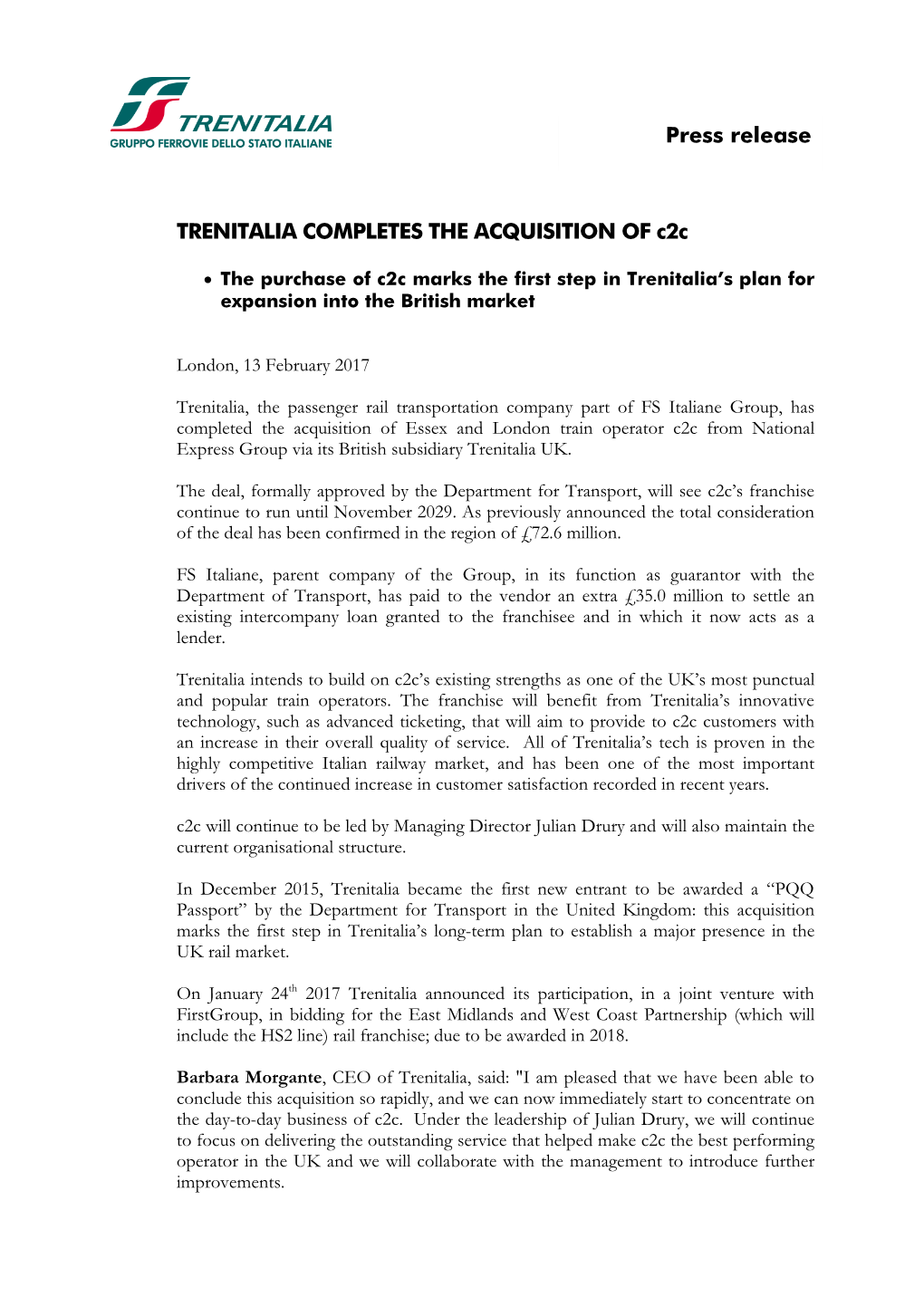 TRENITALIA COMPLETES the ACQUISITION of C2c