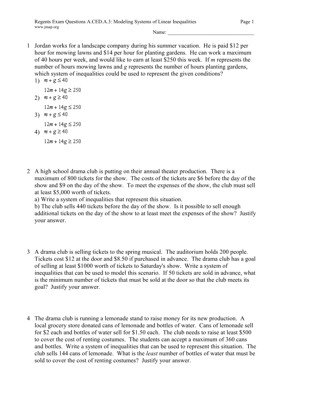 Regents Exam Questions A.CED.A.3: Modeling Systems of Linear Inequalitiespage 1