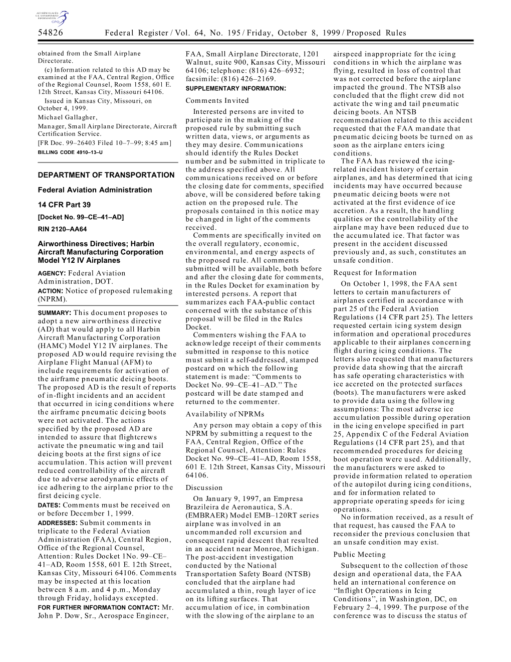 Federal Register/Vol. 64, No. 195/Friday, October 8, 1999/Proposed