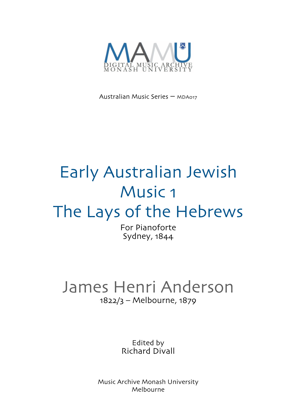 Early Australian Jewish Music 1 the Lays of the Hebrews for Pianoforte Sydney, 1844