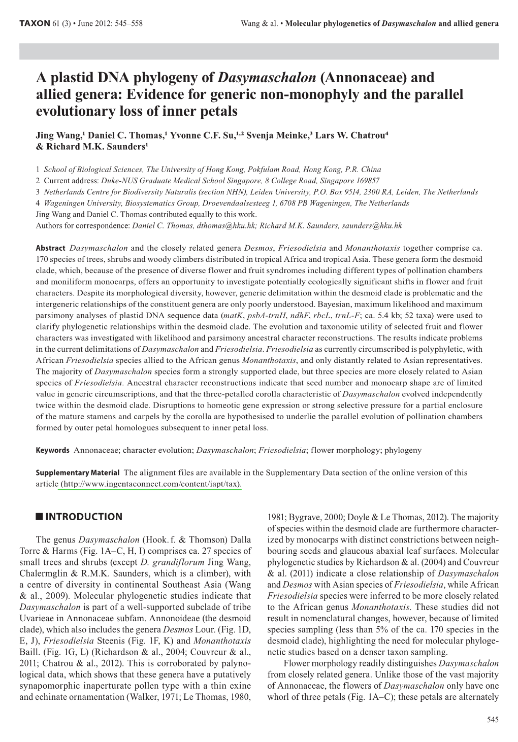 Annonaceae) and Allied Genera: Evidence for Generic Non-Monophyly and the Parallel Evolutionary Loss of Inner Petals