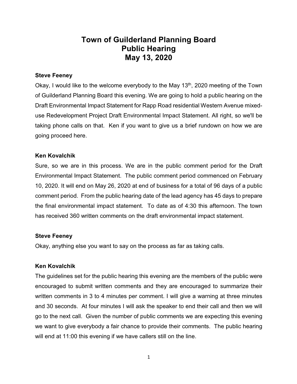 Town of Guilderland Planning Board Public Hearing May 13, 2020