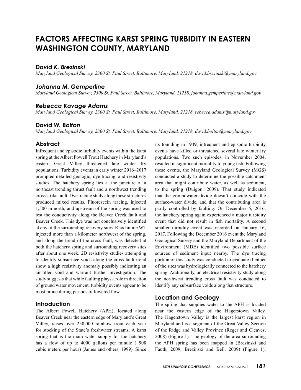 Paper: Factors Affecting Karst Spring Turbidity in Eastern Washington County, Maryland