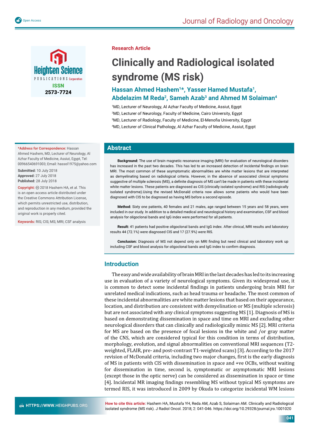 Clinically and Radiological Isolated Syndrome (MS Risk)