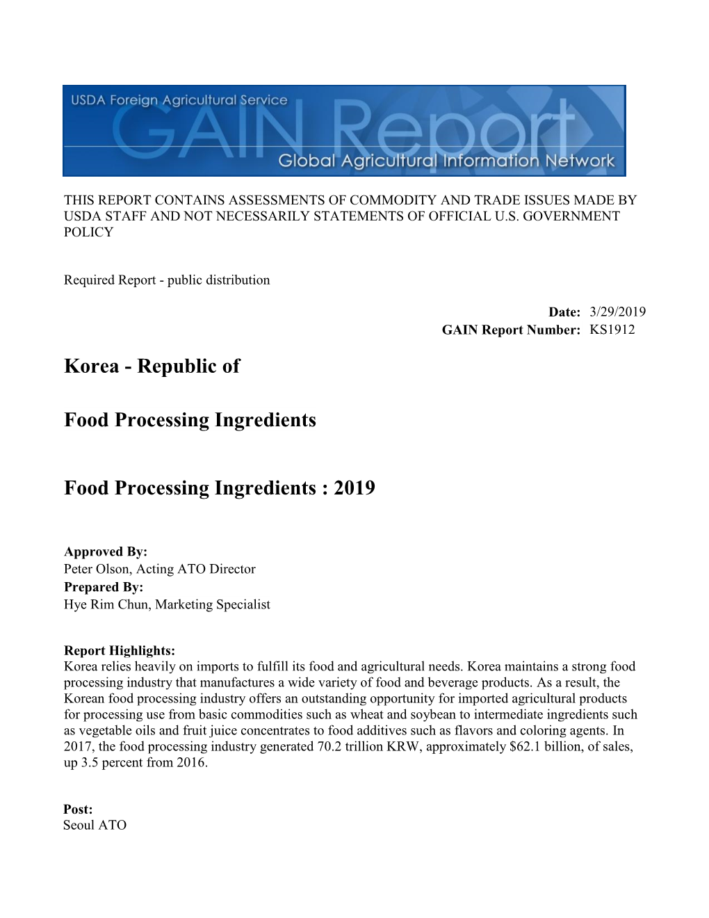 South Korea Food Processing Ingredients GAIN Report