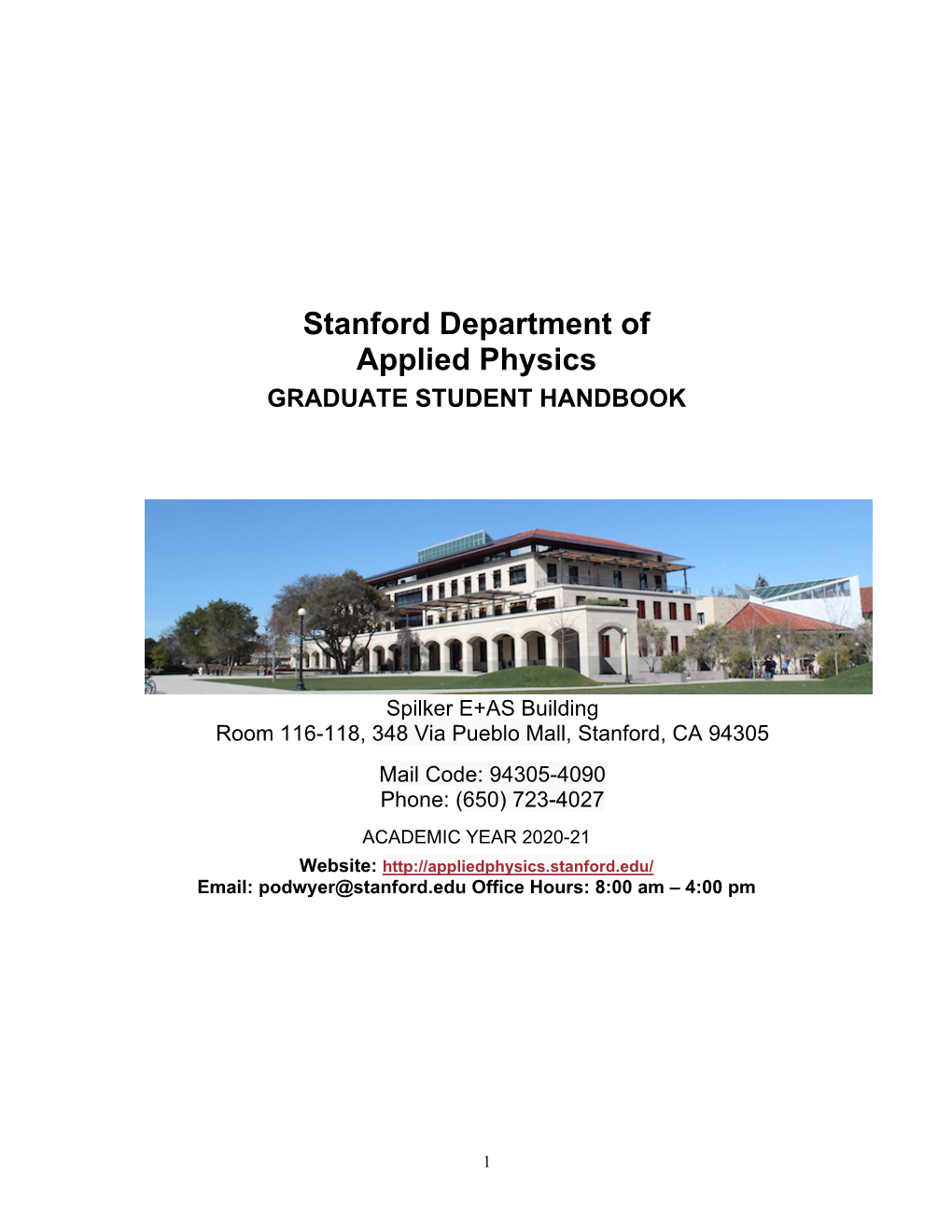 Stanford Department of Applied Physics GRADUATE STUDENT HANDBOOK