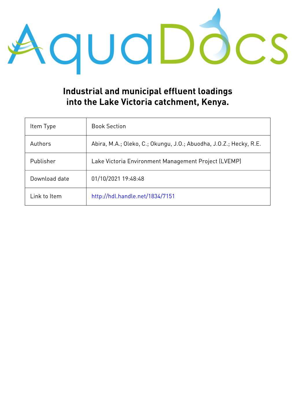 Industrial and Municipal Effluent Loadings Into the Lake Victoria Catchment, Kenya