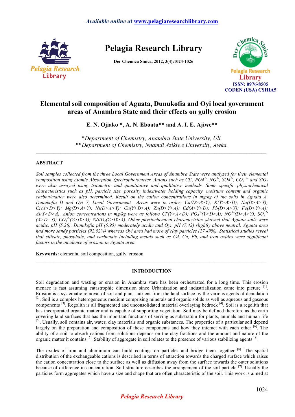 Elemental Soil Composition of Aguata, Dunukofia and Oyi Local Government Areas of Anambra State and Their Effects on Gully Erosion