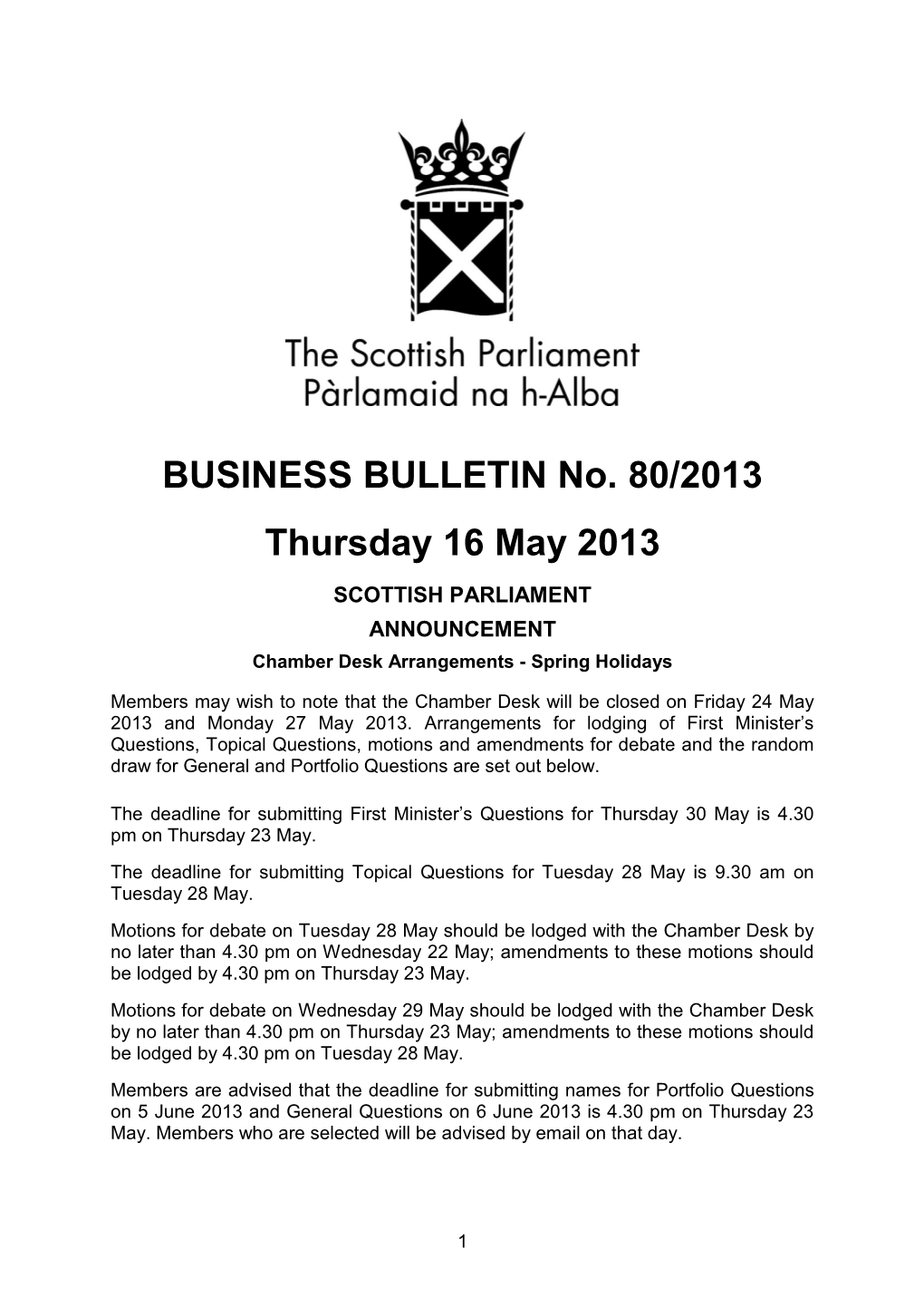 BUSINESS BULLETIN No. 80/2013 Thursday 16 May 2013