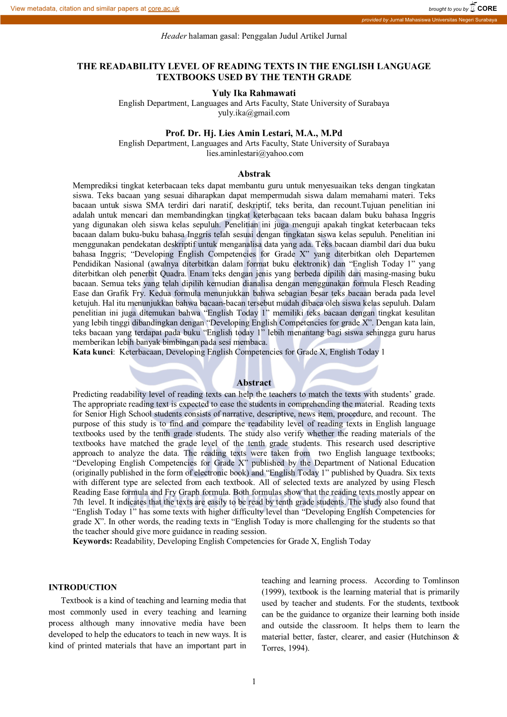 The Readability Level of Reading Texts in the English