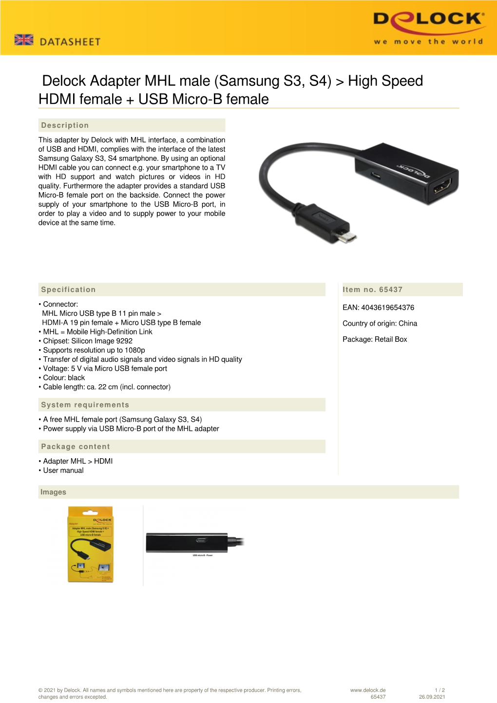 Delock Adapter MHL Male (Samsung S3, S4) &gt; High Speed HDMI Female