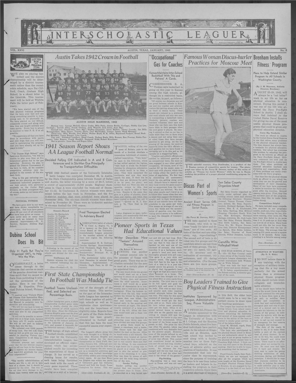 Austin Takes 1942 Crown in Football 1941 Season Report Shows a A