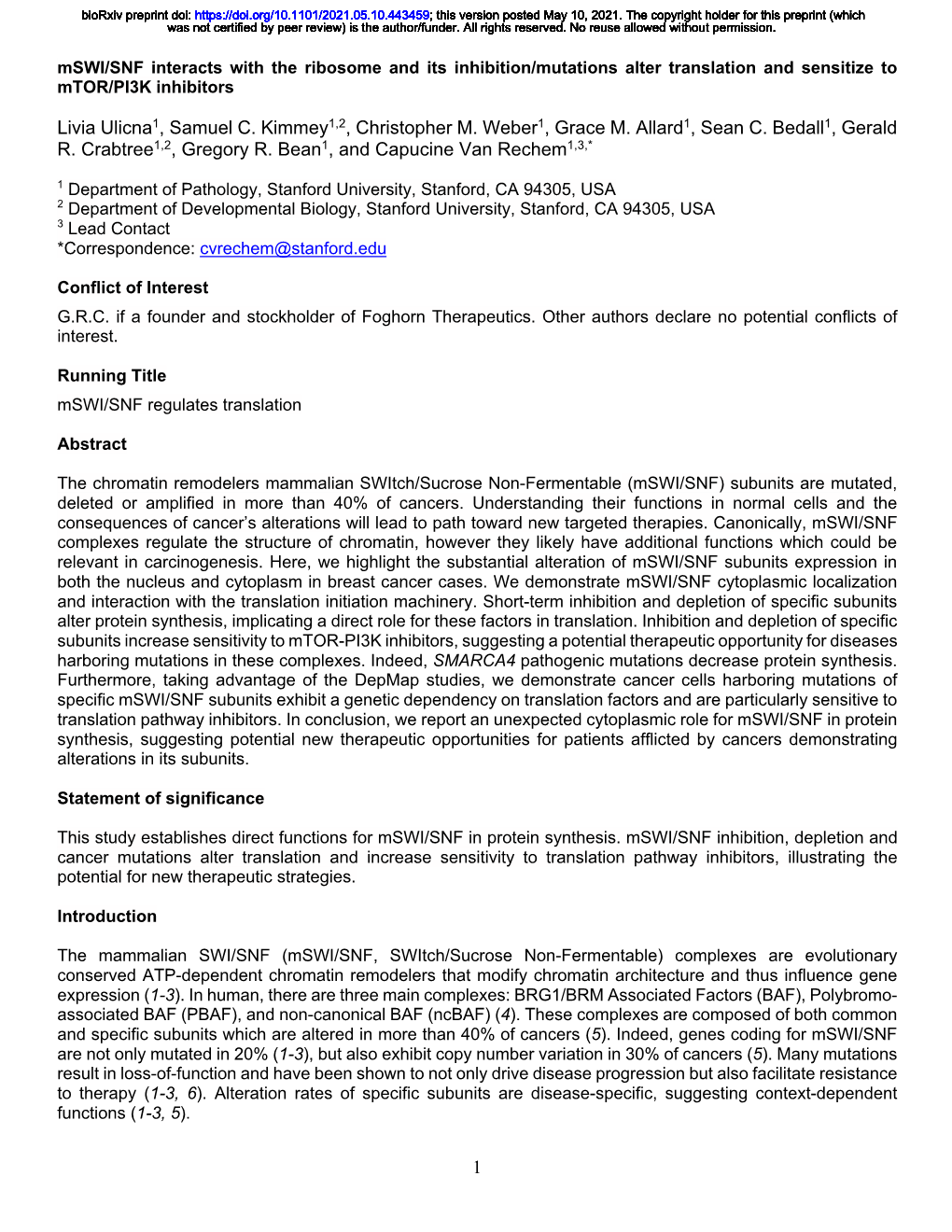 Mswi/SNF Interacts with the Ribosome and Its Inhibition/Mutations Alter Translation and Sensitize to Mtor/PI3K Inhibitors