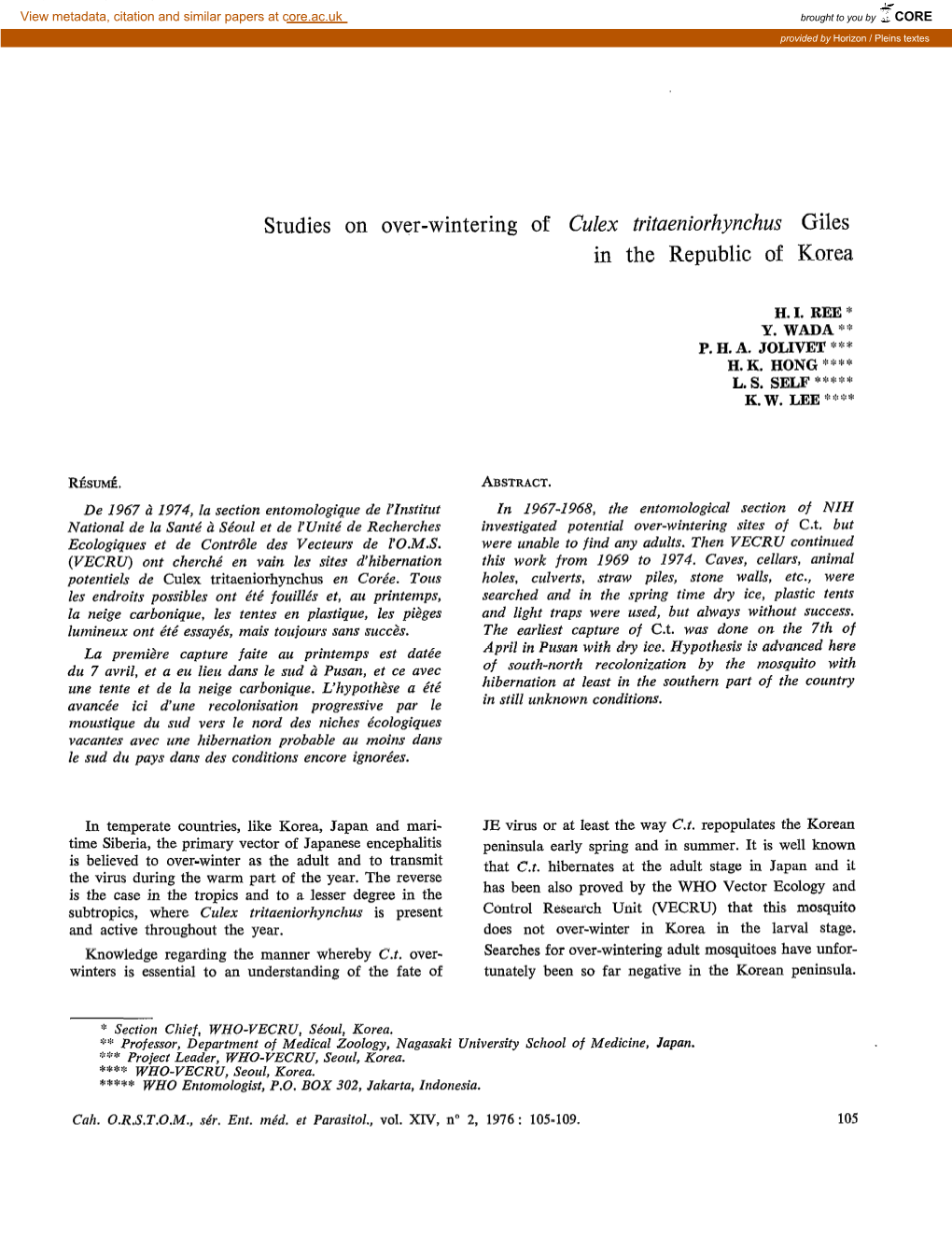 Studies Over-Wintering of Culex Tritaeniorhynchus Giles In