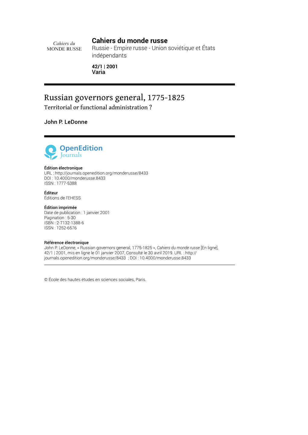 Russian Governors General, 1775-1825 Territorial Or Functional Administration ?