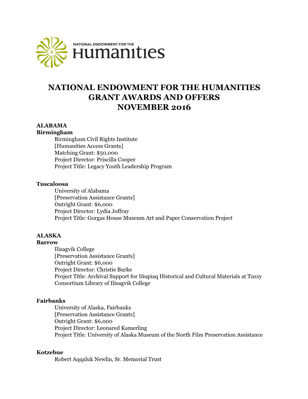 National Endowment for the Humanities Grant Awards and Offers November 2016