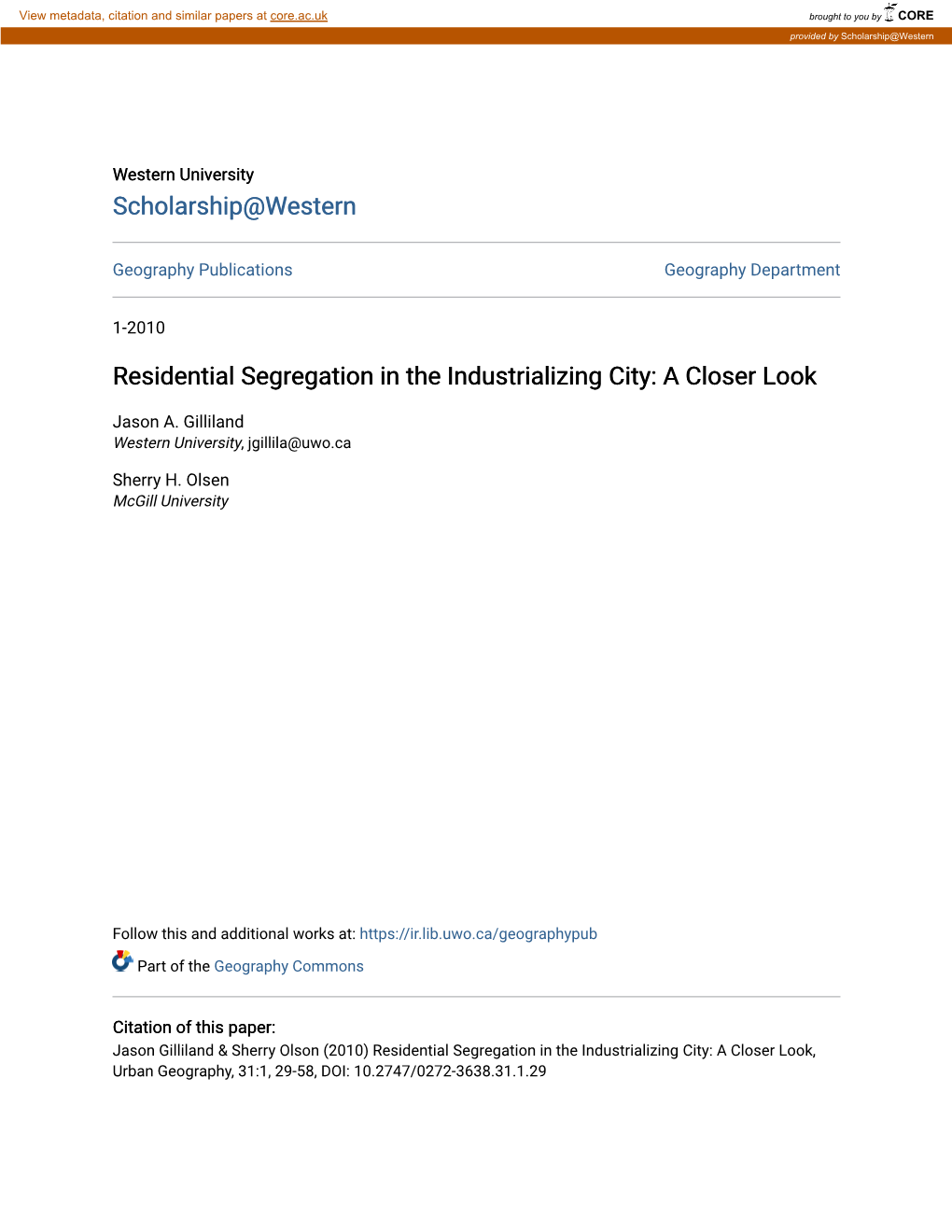 Residential Segregation in the Industrializing City: a Closer Look
