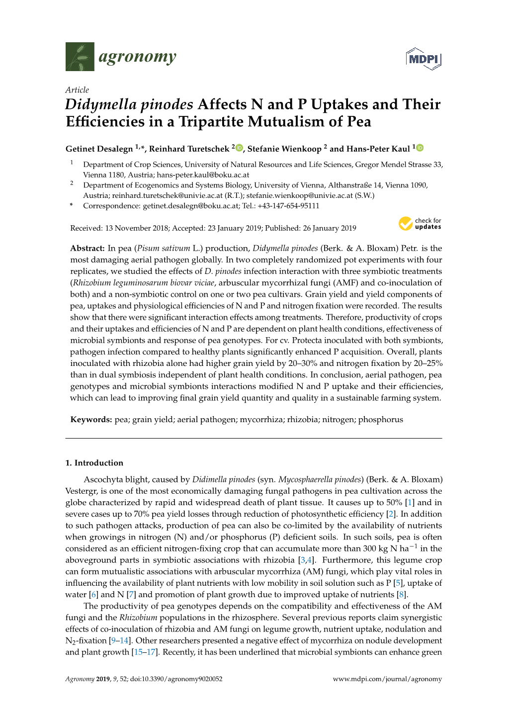 Didymella Pinodes Affects N and P Uptakes and Their Efficiencies in A