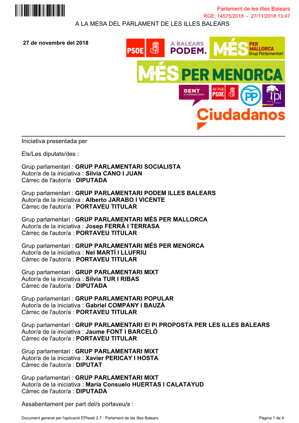 Grup Parlamentari : GRUP PARLAMENTARI SOCIALISTA Autor/A De La Iniciativa : Silvia CANO I JUAN Càrrec De L'autor/A : DIPUTADA