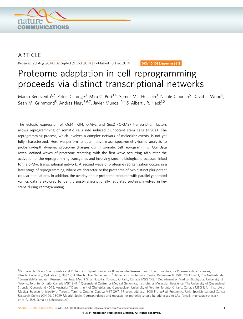 Proteome Adaptation in Cell Reprogramming Proceeds Via Distinct Transcriptional Networks